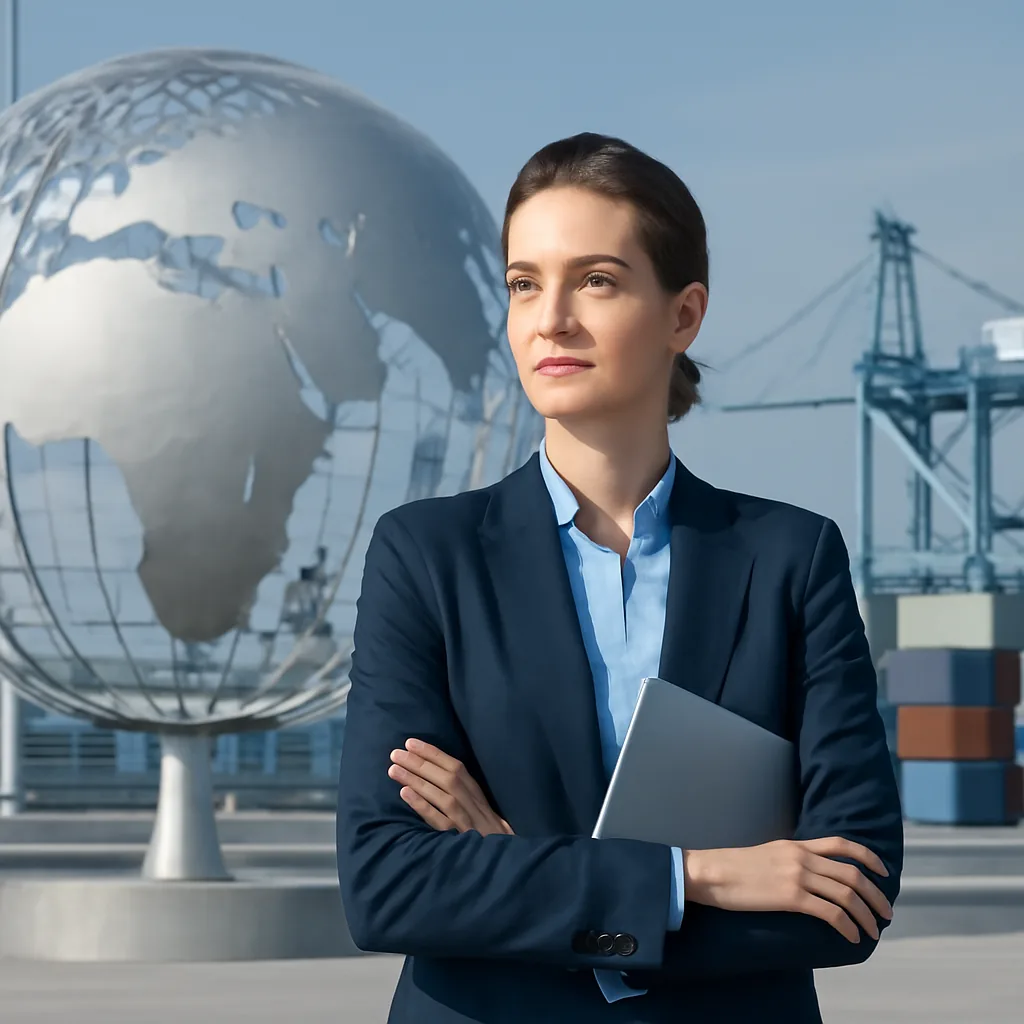 Corporate global-trade aesthetic, confident and efficient mood, crisp